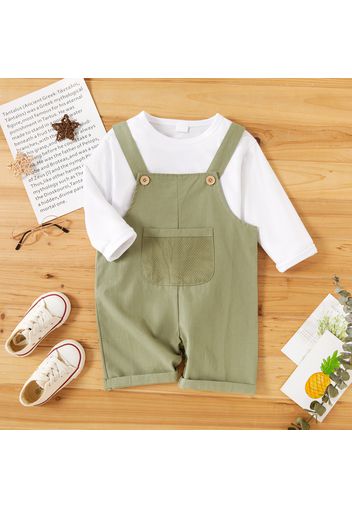 2-piece Toddler Girl/Boy Long-sleeve White T-shirt and Button Design Mesh Pocket Solid Overalls Set