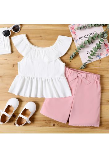 2-piece Kid Girl Flounce Sleeveless Peplum White Tee and Bowknot Design Pink Shorts Set