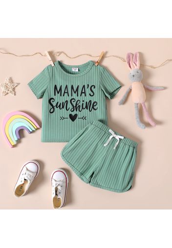 2pcs Toddler Girl Letter Print Ribbed Short-sleeve Tee and Bowknot Design Elasticized Shorts Set