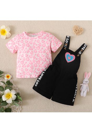 2pcs Baby Girl Cotton Short-sleeve All Over Love Heart Print Tee and Overalls Shorts Set