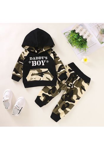 2pcs Letter and Camouflage Print Hooded Long-sleeve Baby Set