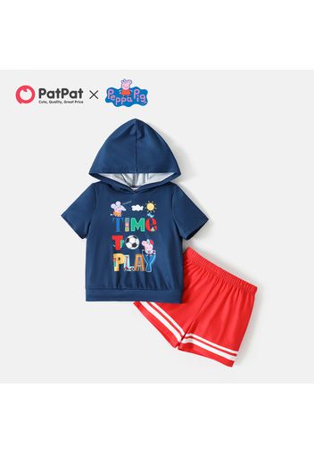 Peppa Pig 2pcs Toddler Boy Letter Print Hooded Short-sleeve Tee and Striped Shorts Set