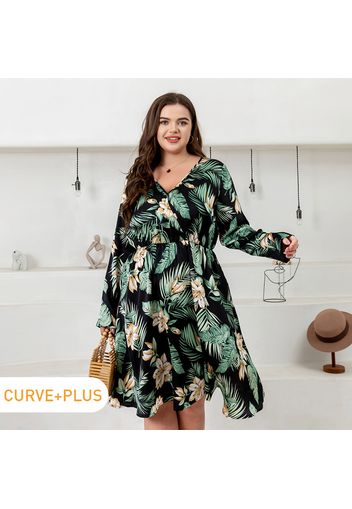 Women Plus Size Vacation Floral Print V Neck Long-sleeve Dress