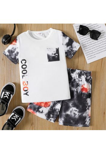 2pcs Kid Boy Colorblock Tie Dyed Letter Print Short-sleeve Tee and Elasticized Shorts Set