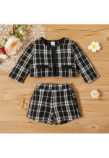 2pcs Plaid Print Round Neck  Long-sleeve White Baby Set