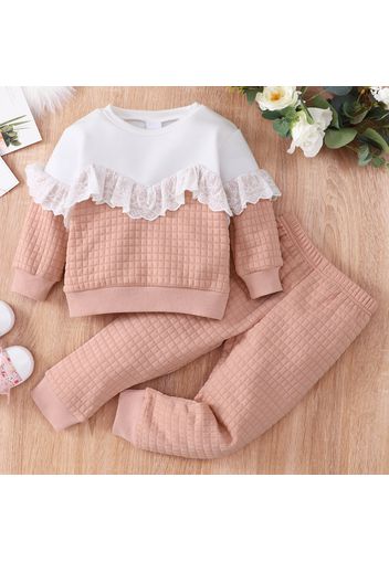 2-piece Toddler Girl Lace Design Colorblock Textured Sweatshirt and Solid Color Pants Set