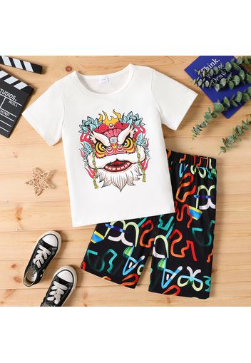 2pcs Kid Boy Animal Print Short-sleeve White Tee and Allover Print Shorts Set