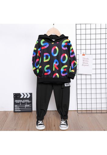 2pcs Toddler Boy Letter Print Hooded Sweatshirt and Black Elasticized Pants Set