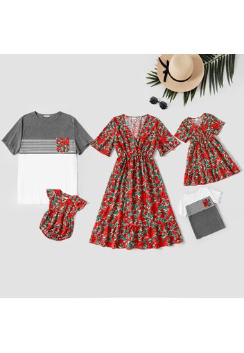 Red Floral Print Family Matching Sets( Midi Dresses and Short-sleeve T-shirts)