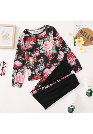 2-piece Kid Girl Floral Print Sweatshirt and Pants Casual Set