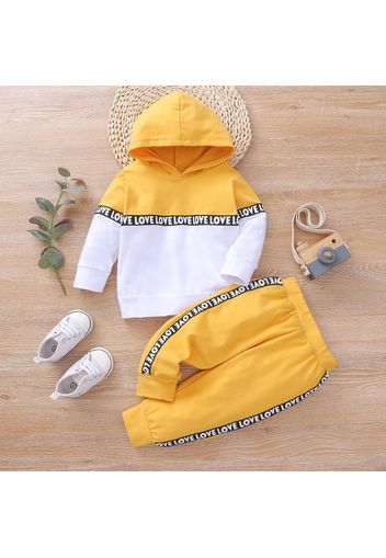 2pcs Letter Print Splice Color Block Hooded Long-sleeve Baby Set