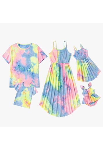 Tie-dye Series Family Matching Sets(Irregular Hem Sling  Dresses for Mom and Girl ; Loose Short Sleeve T-shirts for Dad and Boy)