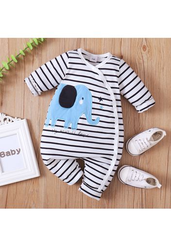 Baby Boy Cartoon Elephant Embroidered Striped Long-sleeve Snap Jumpsuit