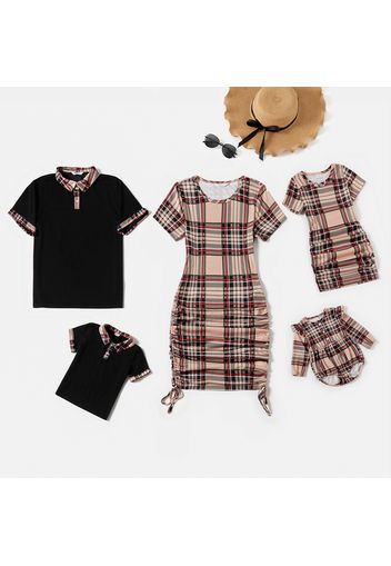 Family Matching Plaid Short-sleeve Ruched Mini Bodycon Dresses and Polo Shirts Sets