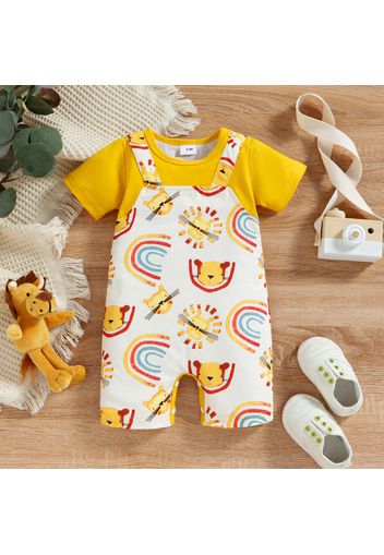 Baby Boy Short-sleeve Faux-two All Over Rainbow and Cartoon Lion Print Romper