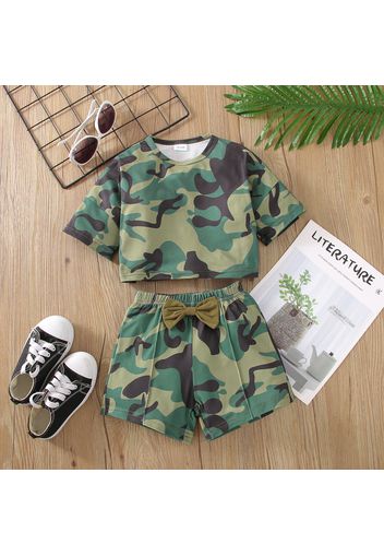 2-piece Toddler Girl Camouflage Print Short-sleeve Tee and Bowknot Design Shorts Set