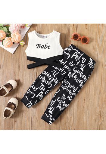 2pcs Toddler Girl Letter Print Crisscross Ribbed Tank Top and Allover Print Pants Set