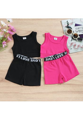 2pcs Baby Girl Solid Rib Knit Tank Crop Top and Letter Detail Shorts Set