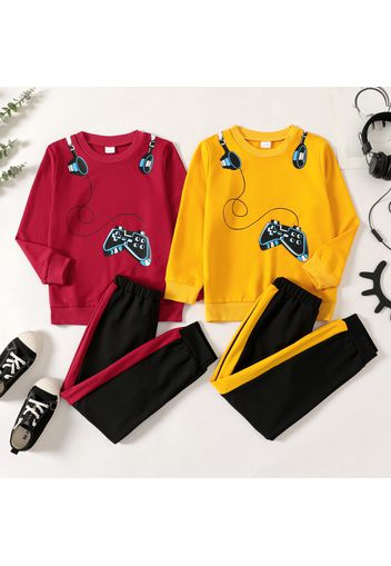 2-piece Kid Boy Game Console Print Pullover Sweatshirt and Colorblock Pants Set