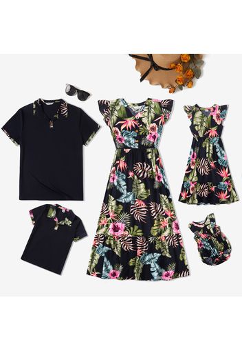 Family Matching All Over Plants Print Black Flutter-sleeve Dresses and Splicing Polo Shirts Sets