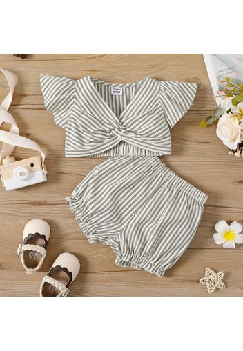 2pcs Baby Girl Striped Ruffle-sleeve Twist Knot Crop Top and Shorts Set