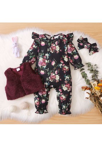 3pcs Baby Girl Floral Print Ribbed Long-sleeve Ruffle Jumpsuit and Fuzzy Fleece Vest Set