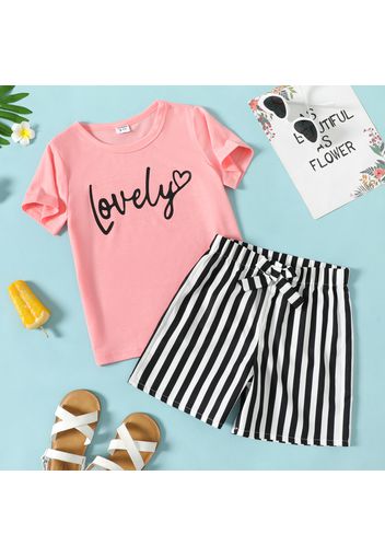 2-piece Kid Girl Letter Heart Print Short-sleeve Tee and Bowknot Decor Stripe Shorts Set