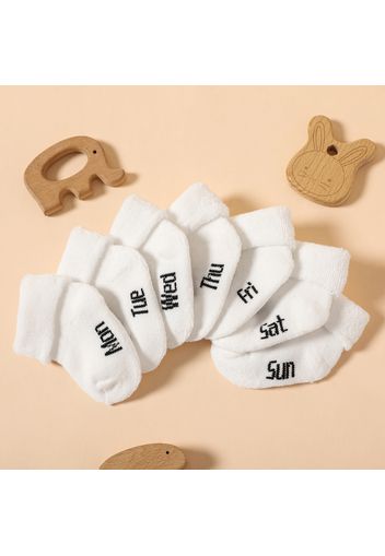 7-pairs Baby Week Letter Pattern Terry Cuff White Socks