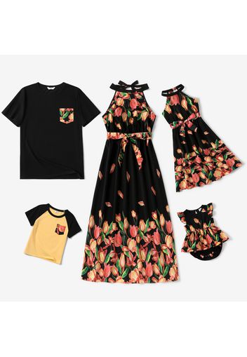 Family Matching Tulip Floral Print Black Halter Neck Off Shoulder Sleeveless Dresses and Short-sleeve Cotton T-shirts Sets