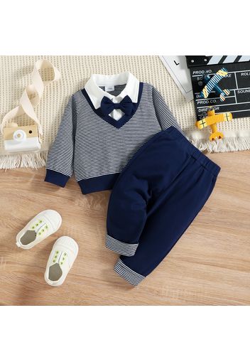 2pcs Baby Boy 95% Cotton Pants and Long-sleeve Pinstriped Faux-two Bow Tie Decor Top Set