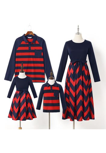 Family Matching Geometric Print Dresses and Stripe Print Polo Shirts Sets