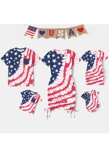 Family Matching American Flag Print Short-sleeve Drawstring Ruched Bodycon Dresses and T-shirts Sets