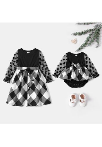 Sibling Matching Black Plaid Splicing Polka Dots Mesh Puff Long-sleeve Sets