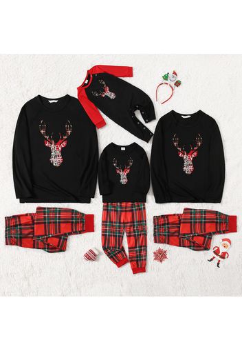 Christmas Deer and Letter Print Plaid Family Matching Pajamas Sets (Flame Resistant)