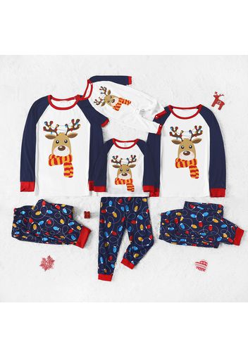 Christmas Cartoon Reindeer and String Lights Print Family Matching Raglan Long-sleeve Pajamas Sets (Flame Resistant)