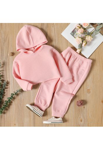 2-piece Toddler Girl Textured Pink Crop Hoodie Sweatshirt and Elasticized Pants Set