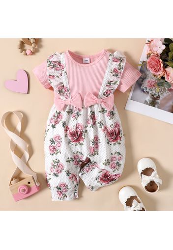 Baby Girl Pink Ribbed Short-sleeve Splicing Floral Print Jumpsuit