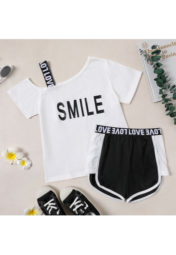 2-piece Kid Girl Letter Print One Shoulder Strap Tee and Dolphin Shorts Set