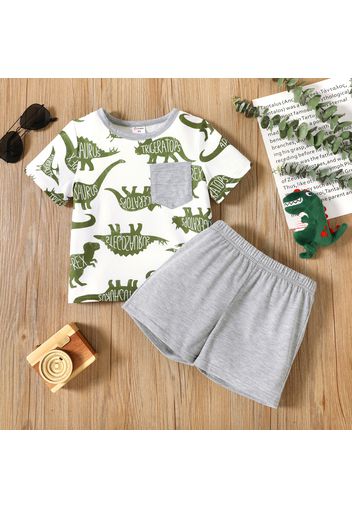 2-piece Toddler Boy Animal Dinosaur Letter Print Tee and Elasticized Grey Shorts Set