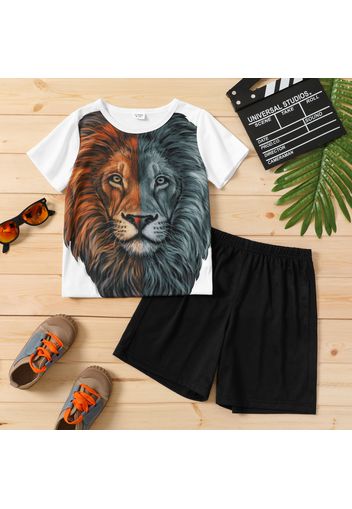 2-piece Kid Boy Animal Lion Print Tee and Elasticized Black Shorts Set