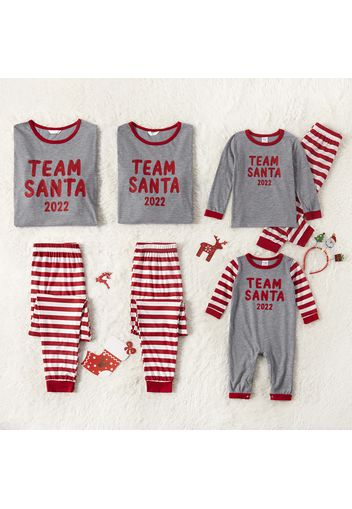 Christmas Letter Print Grey Family Matching Long-sleeve Striped Pajamas Sets (Flame Resistant)