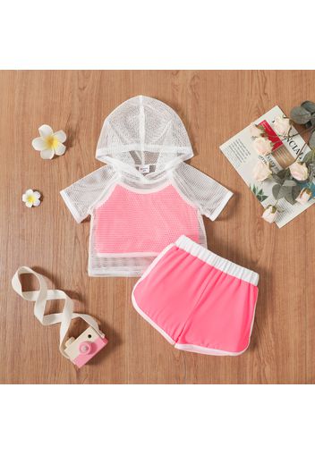 3pcs Toddler Girl Colorblock Camisole & Mesh Hooded Tee and Shorts Set