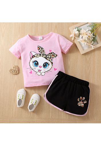 2-piece Toddler Girl Cute Cat Print Grey Tee and Leopard Print Paw Pattern Dolphin Shorts Set