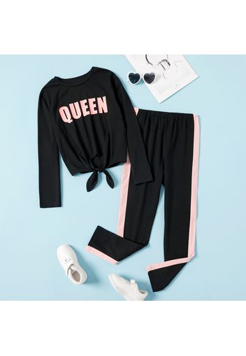 2-piece Kid Girl Letter Print Tie Knot Long-sleeve Tee and Colorblock Pants Set