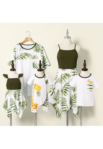 Mosaic Leaves and Giraffe Print Family Matching Green and White Sets