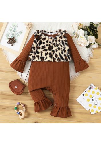 2pcs Baby Girl Brown Ribbed Long-sleeve Bell Bottom Jumpsuit and Leopard Fuzzy Fleece Vest Set