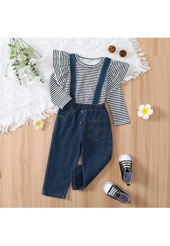 2pcs Toddler Girl Stripe Ruffled Long-sleeve Tee and Pocket Design Denim Overalls Set