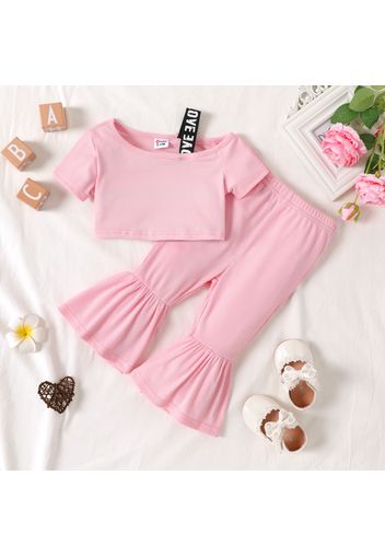 2pcs Baby Girl One Shoulder Strap Short-sleeve Crop Top and Bell Bottom Pants Set