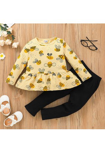 2-piece Toddler Girl Bee Print Long-sleeve Top and Black Pants Set