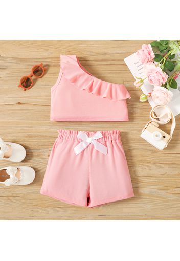 2-piece Toddler Girl Flounce One Shoulder Sleeveless Crop Tee and Bowknot Design Paperbag Shorts Set